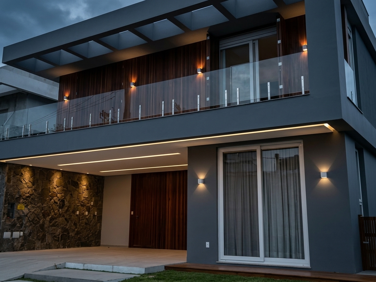 Fachada residencial com corrimão e guarda-corpo em aço inox D'inox